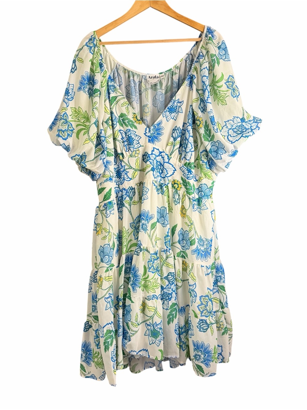Arula Womens 2X Floral Tiered Mini Dress Cream Blue Puff Sleeve Cottagecore